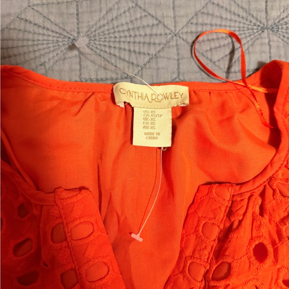 Cynthia Rowley Orange Large Eyelet Smocked Mini Dress w/ Pockets Sz XS - Picture 7 of 11